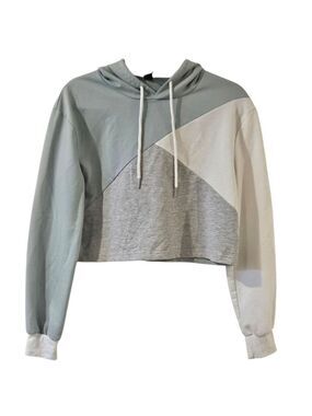 Cropped Hoodie Sweatshirt Size S Gray White Blue Long Sleeve
